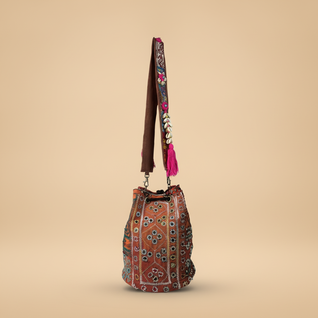 Shell Tassel Handcrafted Bucket Bag — Poppy Bloom (Medium)