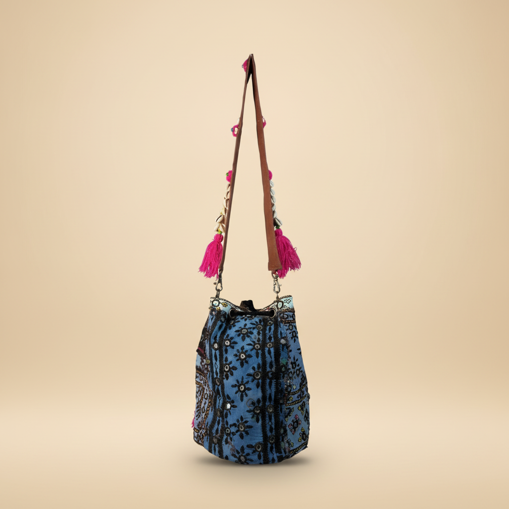 Shell Tassel Handcrafted Bucket Bag — Lagoon Aura (Medium)