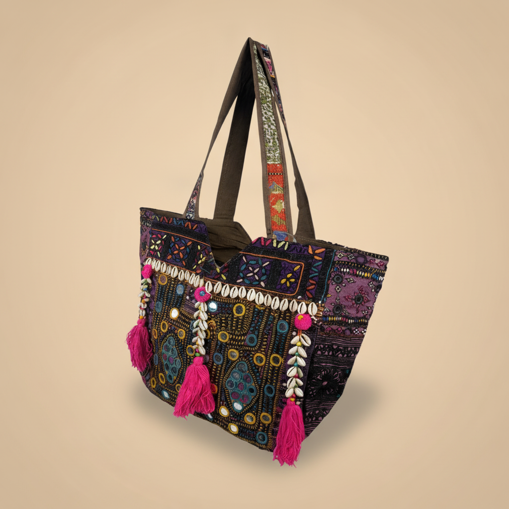 Shell Tassel Handcrafted Tote Bag — Ebony Tapestry