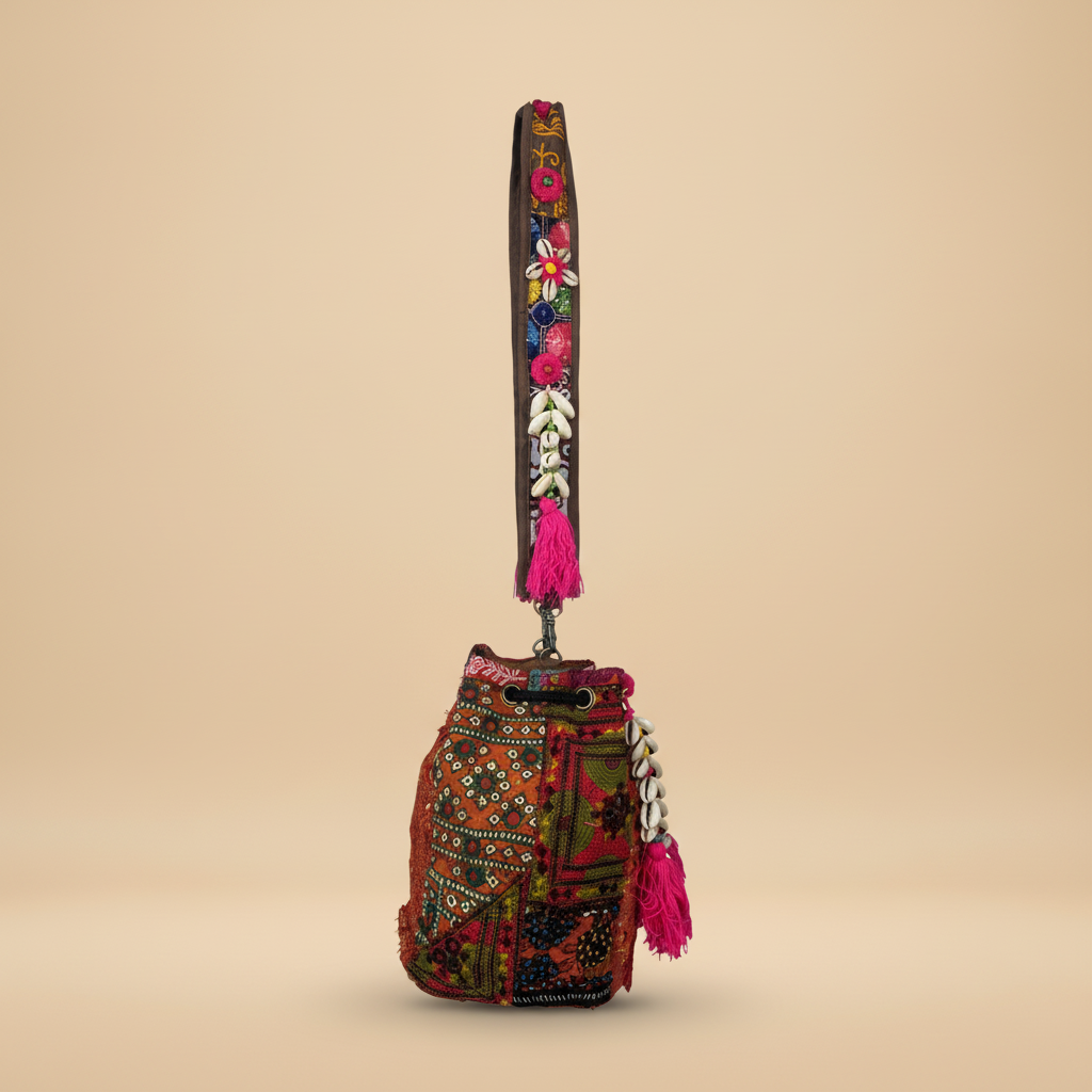 Shell Tassel Handcrafted Bucket Bag — Vermilion Spark (Medium)