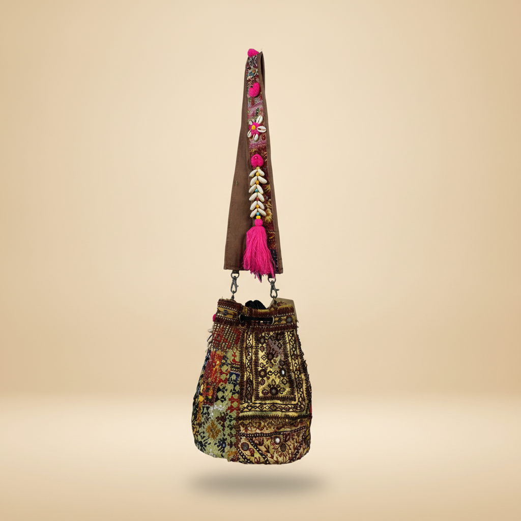 Shell Tassel Handcrafted Bucket Bag — Cinnamon Spark (Medium)