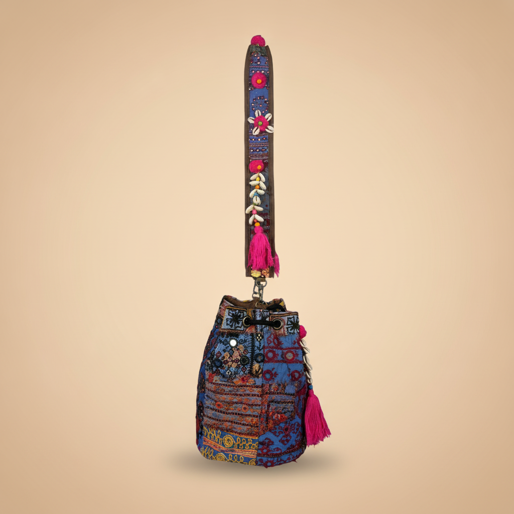 Shell Tassel Handcrafted Bucket Bag — Cobalt Aura (Medium)