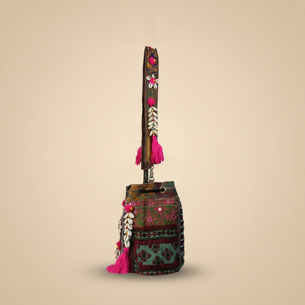Shell Tassel Handcrafted Bucket Bag — Hazel Bloom (Medium)
