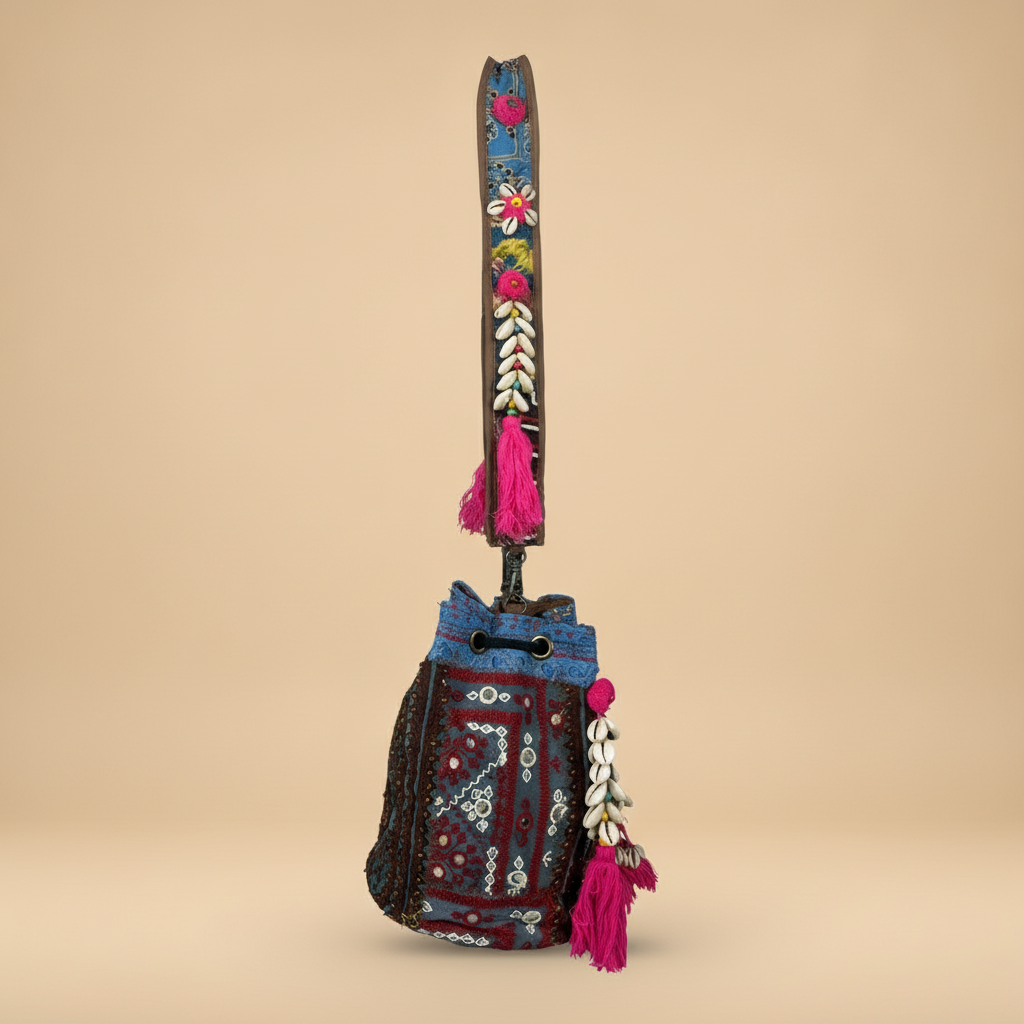 Shell Tassel Handcrafted Bucket Bag — Sapphire Ring (Medium)