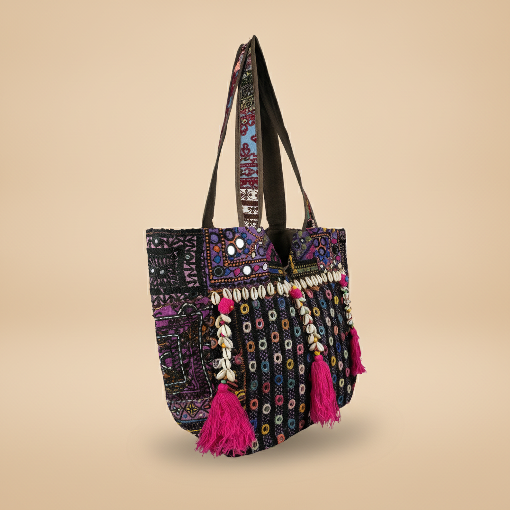 Shell Tassel Handcrafted Tote Bag — Indigo Tapestry