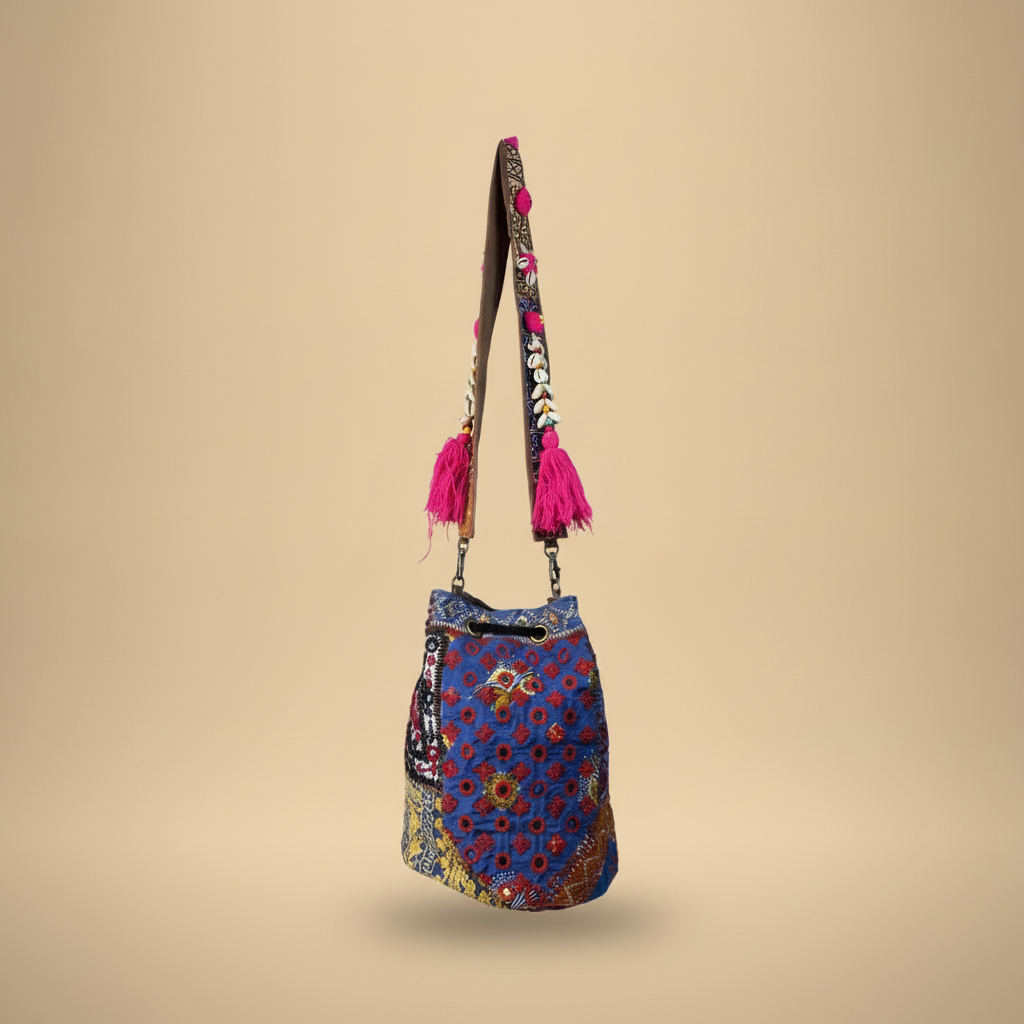 Shell Tassel Handcrafted Bucket Bag — Cornflower Bloom (Medium)