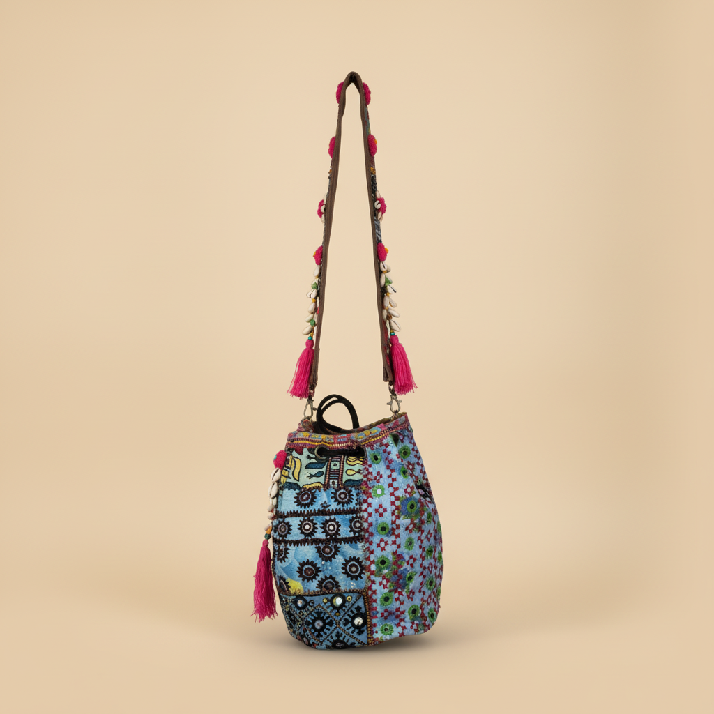 Shell Tassel Handcrafted Bucket Bag — Teal Prism (Medium)