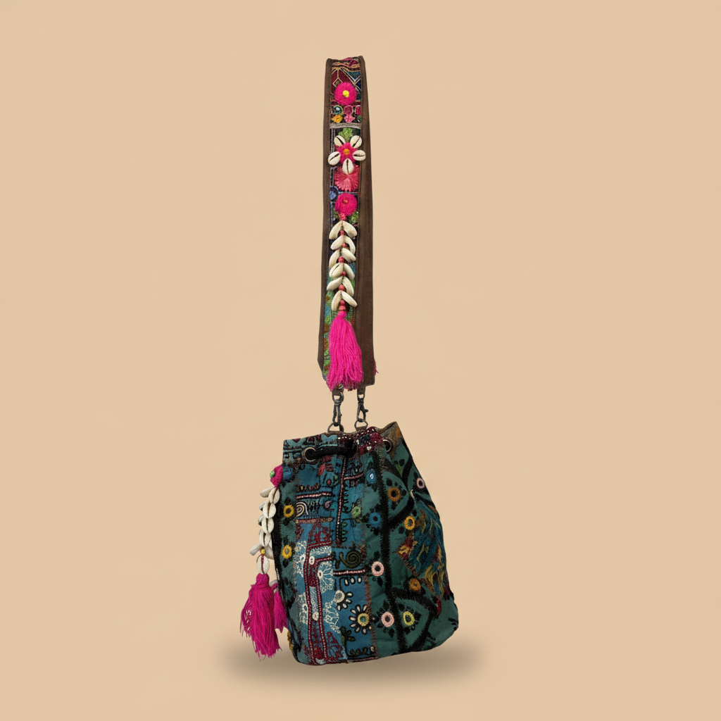 Shell Tassel Handcrafted Bucket Bag — Pine Bloom (Medium)