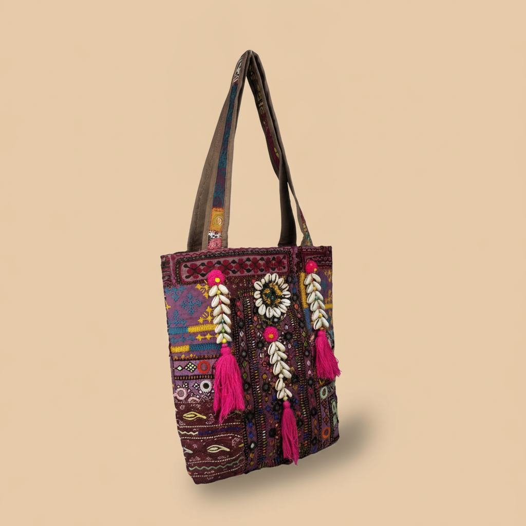 Shell Tassel Handcrafted Tote Bag — Merlot Fringe