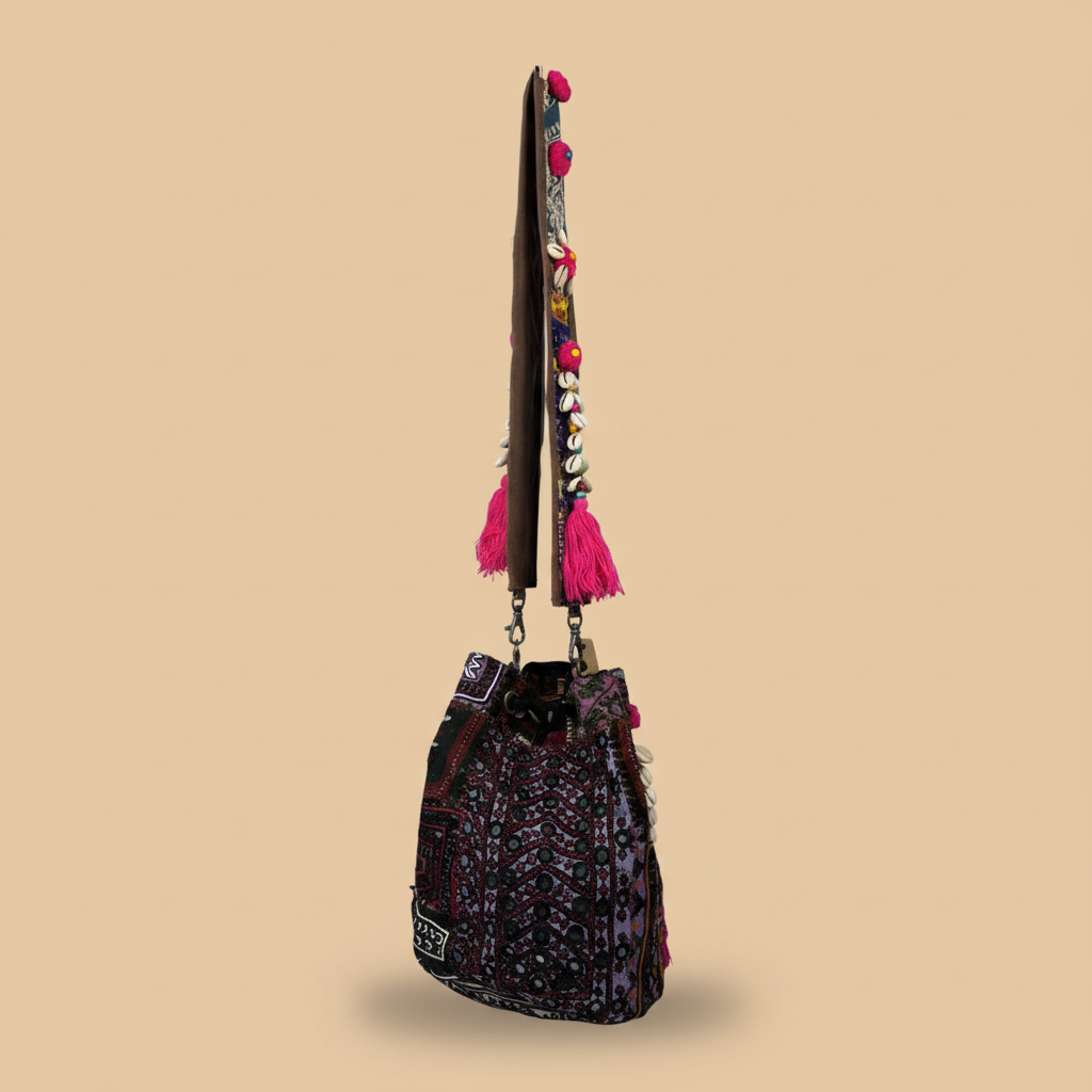 Shell Tassel Handcrafted Bucket Bag — Blackberry Bloom (Medium)