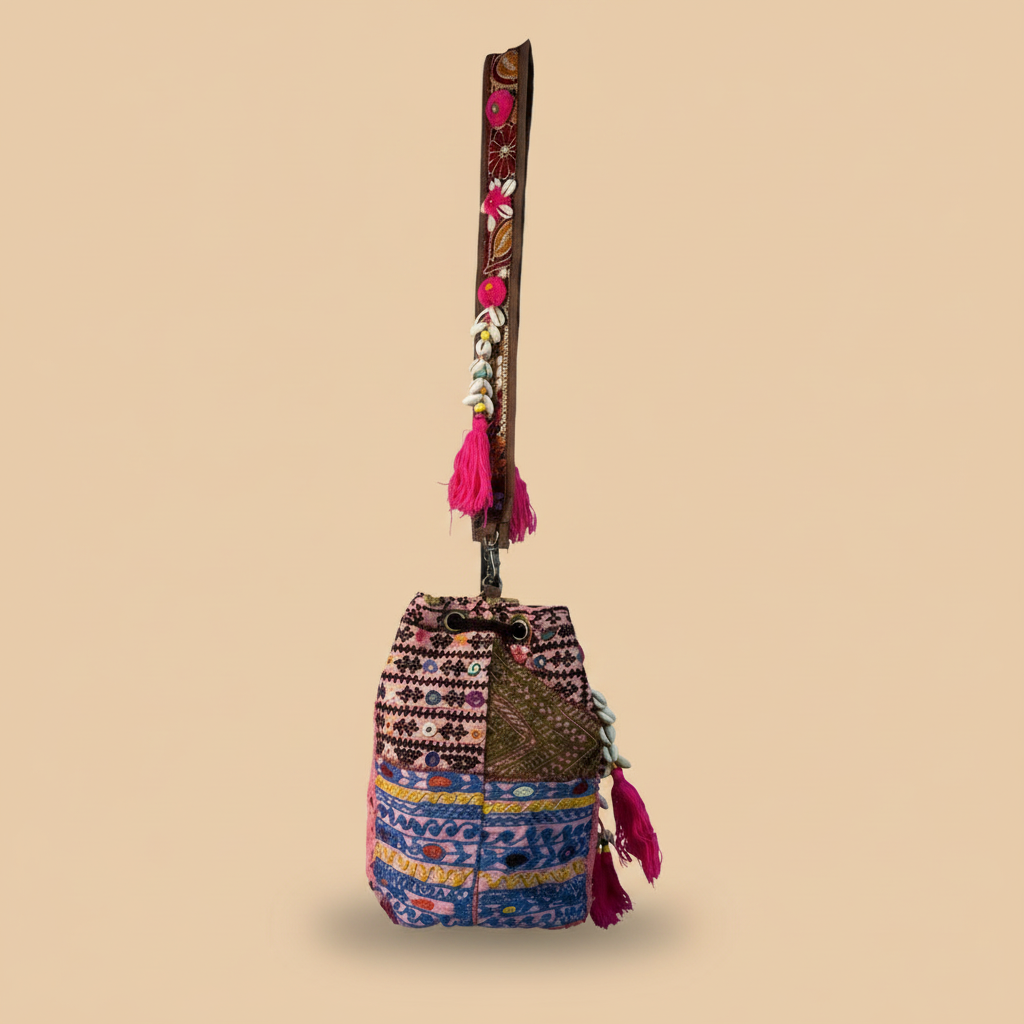 Shell Tassel Handcrafted Bucket Bag — Heather Bloom (Medium)
