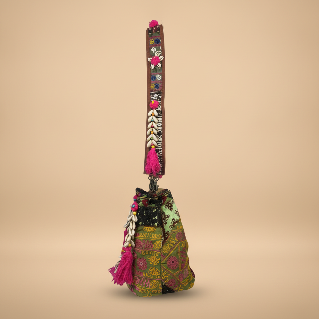 Shell Tassel Handcrafted Bucket Bag — Crimson Bloom (Medium)