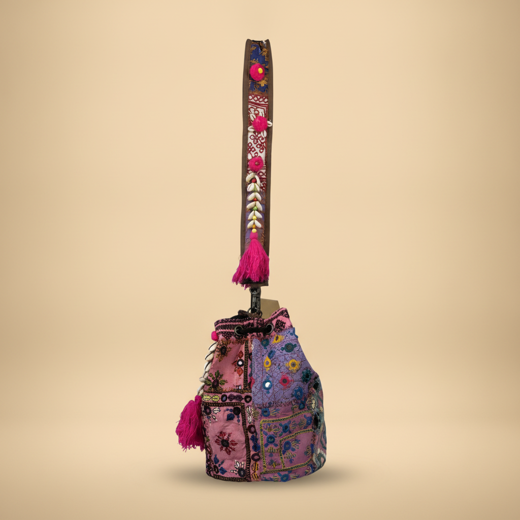 Shell Tassel Handcrafted Bucket Bag — Wine Dahlia (Medium)
