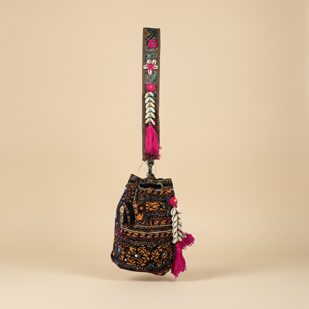 Shell Tassel Handcrafted Bucket Bag — Garnet Bloom (Medium)