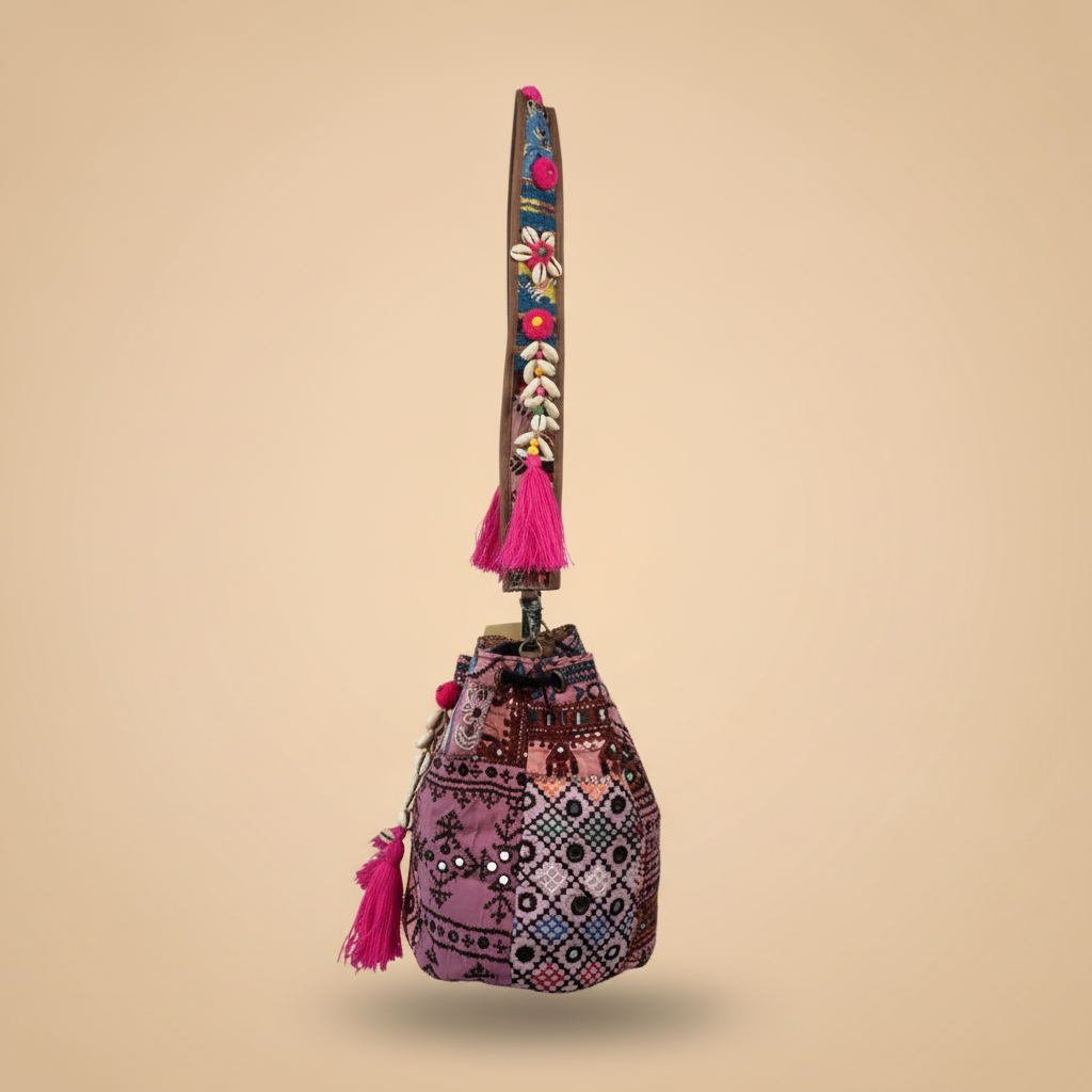 Shell Tassel Handcrafted Bucket Bag — Scarlet Bloom (Medium)