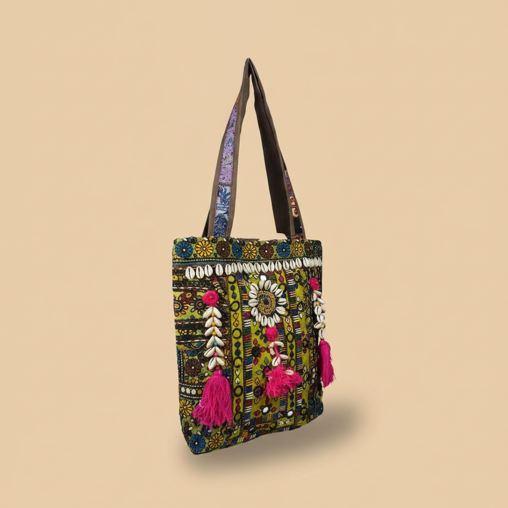 Shell Tassel Handcrafted Tote Bag — Olive Mosaic
