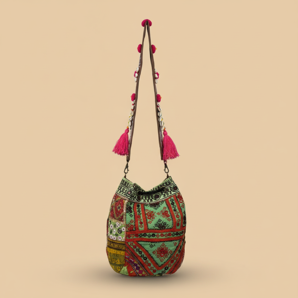 Shell Tassel Handcrafted Bucket Bag — Emerald Bloom (Medium)