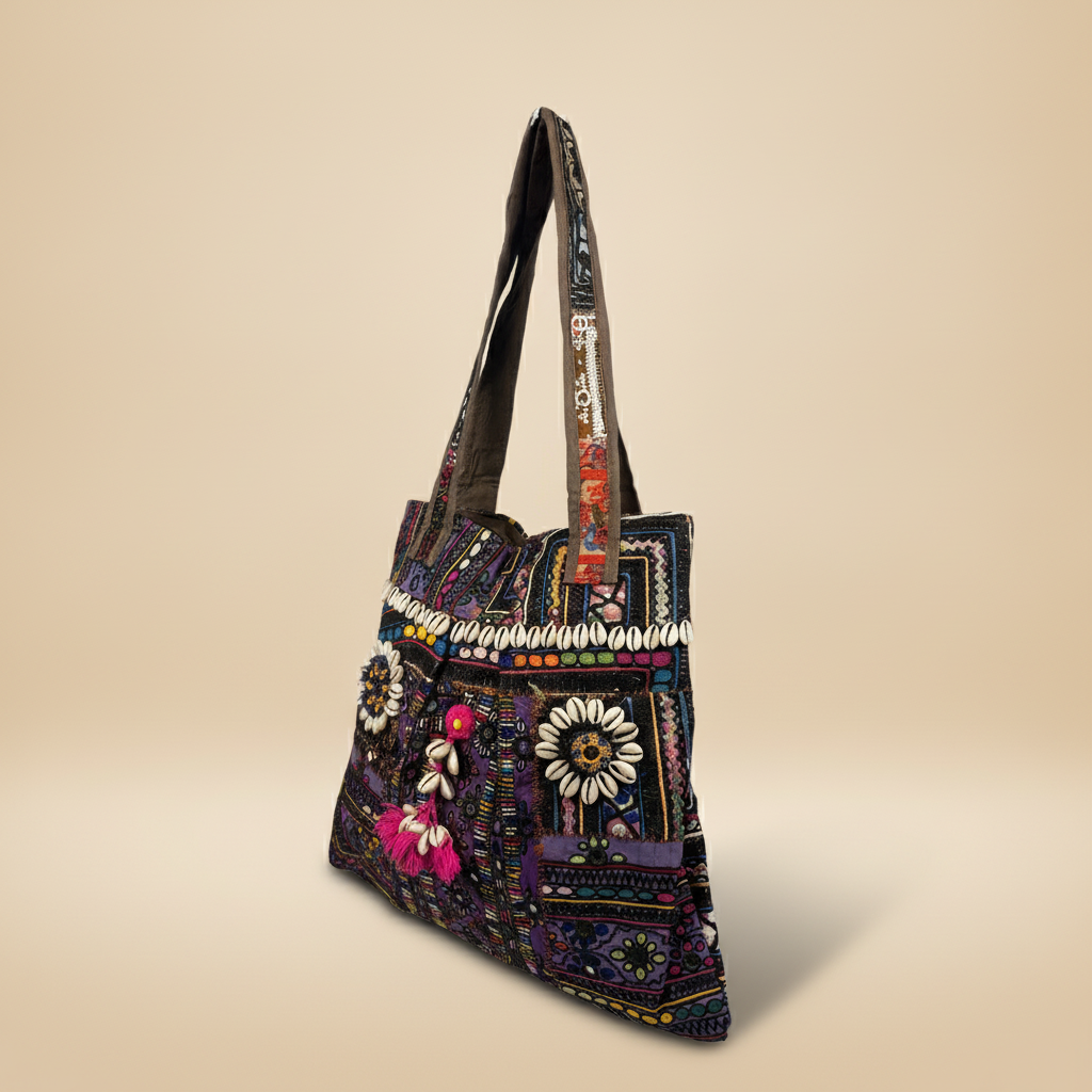 Shell Tassel Handcrafted Tote Bag — Midnight Jharokha
