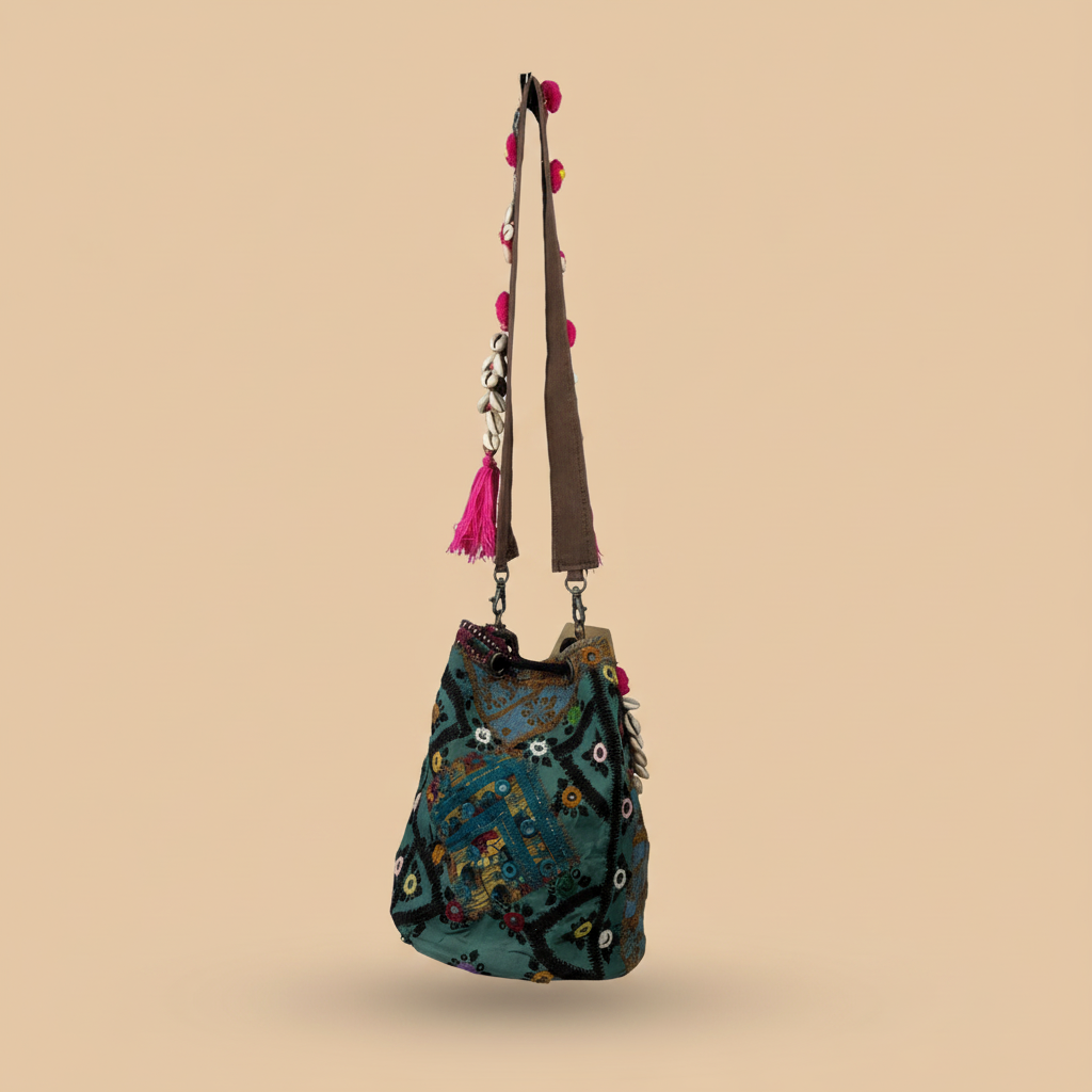 Shell Tassel Handcrafted Bucket Bag — Pine Bloom (Medium)