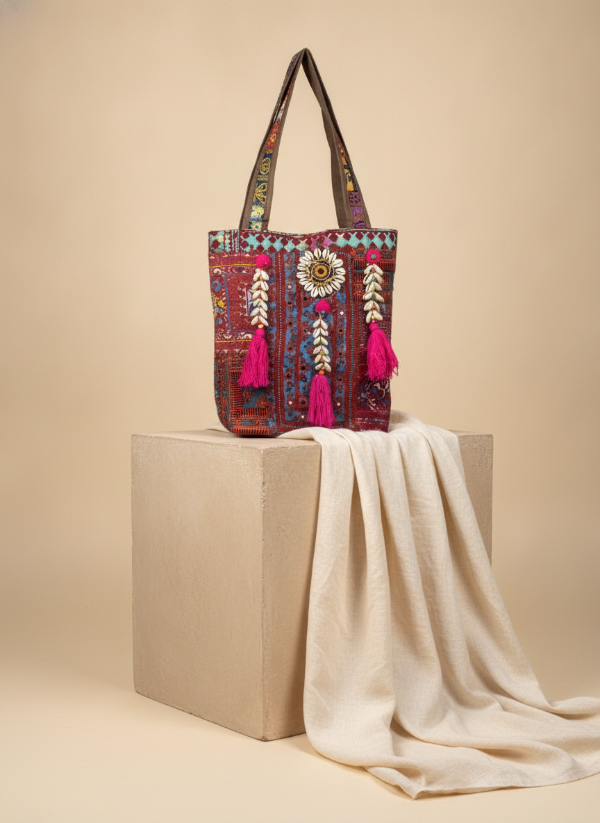 Shell Tassel Handcrafted Tote Bag — Garnet Fringe