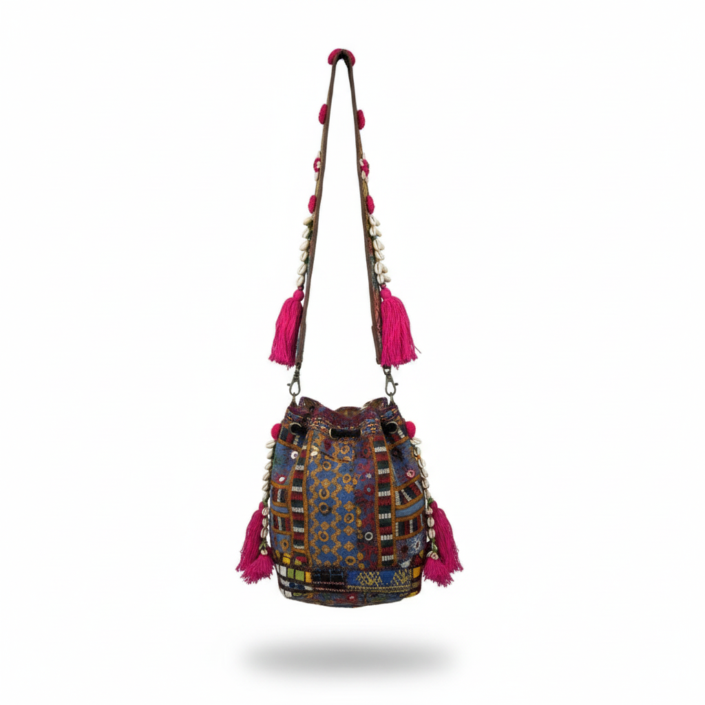 Shell Tassel Handcrafted Bucket Bag — Azure Dahlia (Medium)