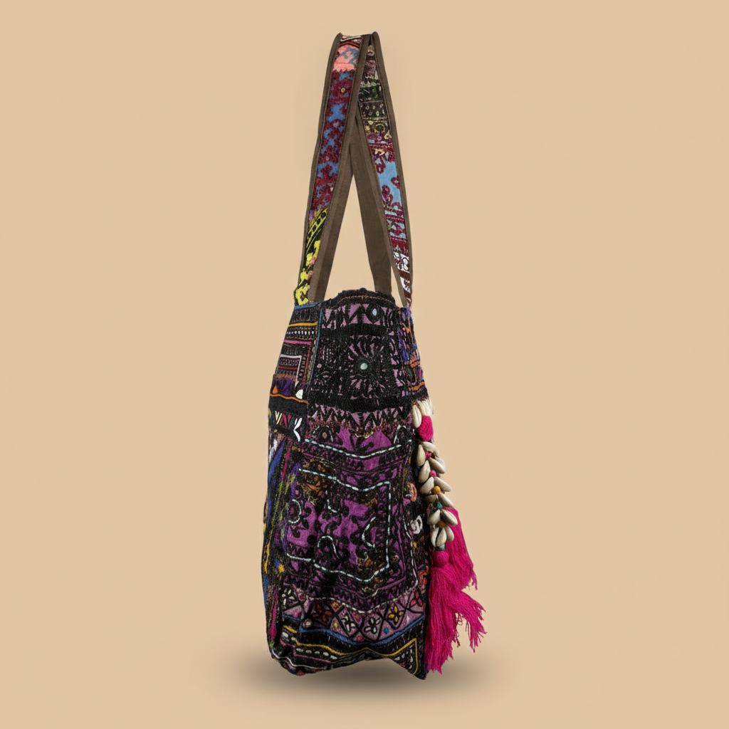 Shell Tassel Handcrafted Tote Bag — Indigo Tapestry