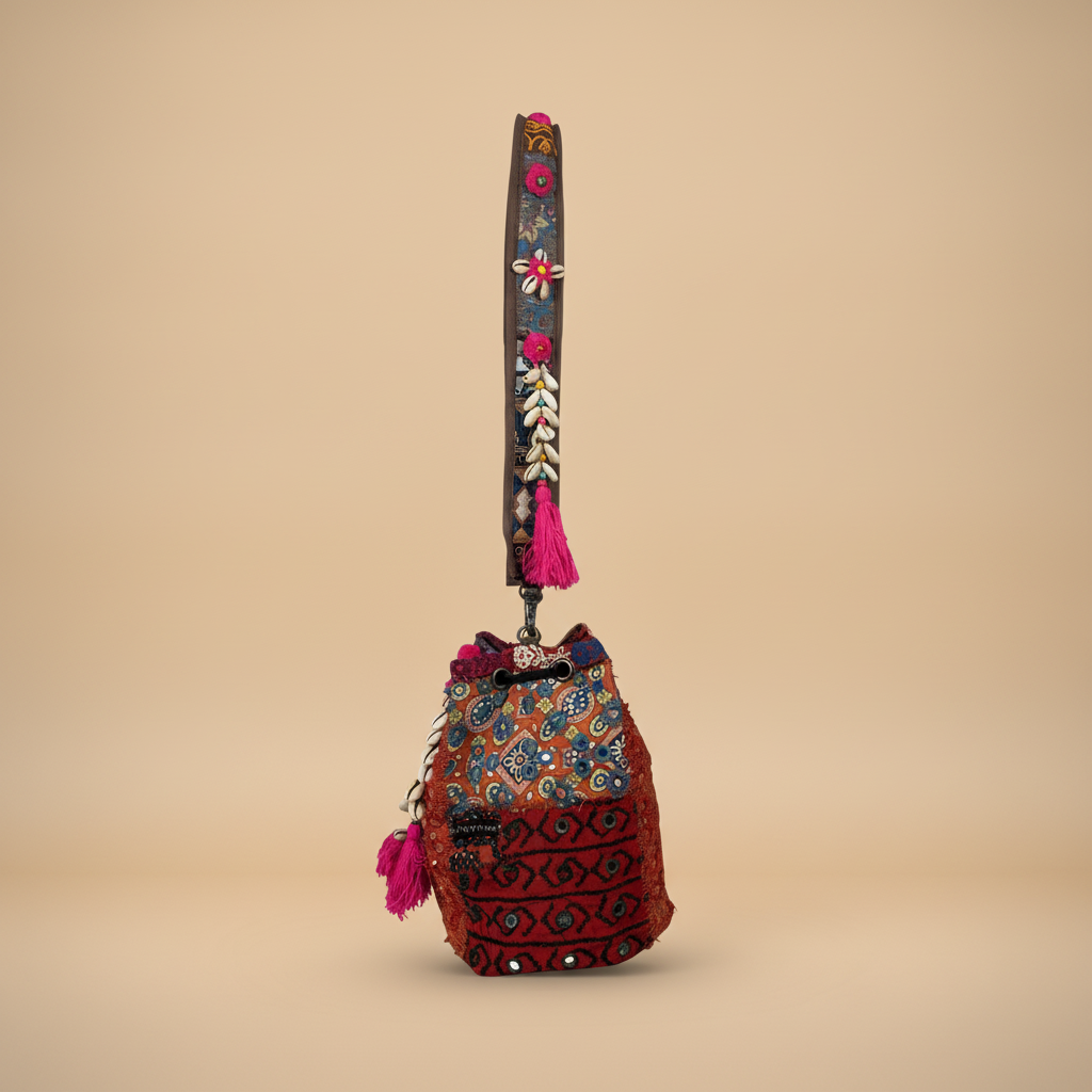 Shell Tassel Handcrafted Bucket Bag — Vermilion Spark (Medium)