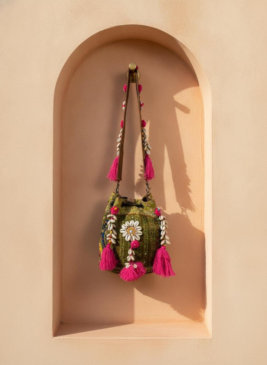 Shell Tassel Handcrafted Bucket Bag — Moss Heirloom (Medium)