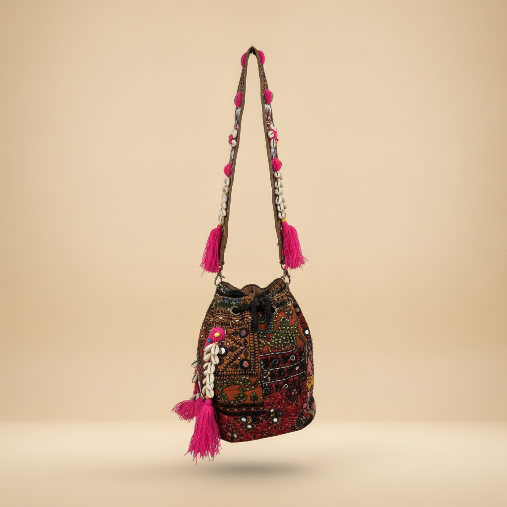 Shell Tassel Handcrafted Bucket Bag — Garnet Bloom (Medium)