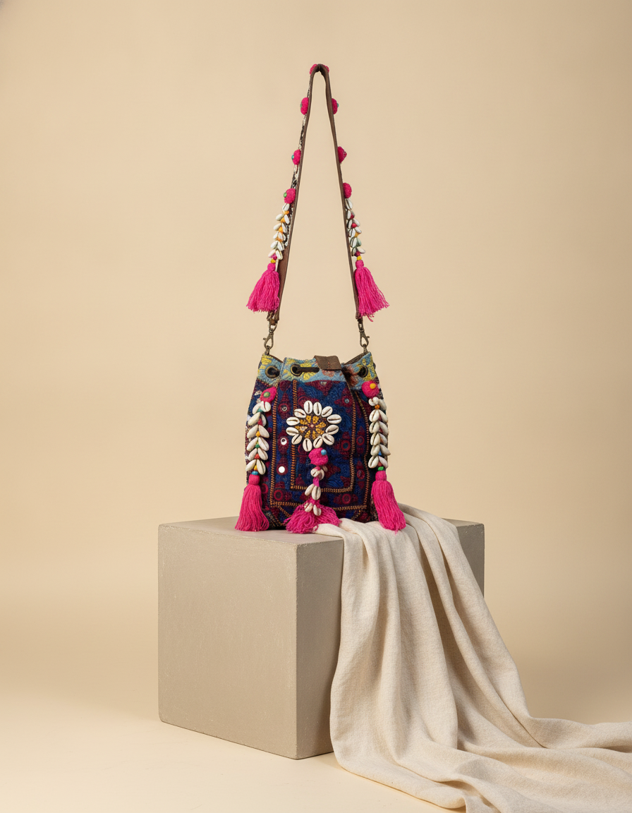 Shell Tassel Handcrafted Bucket Bag — Damson Bloom (Medium)