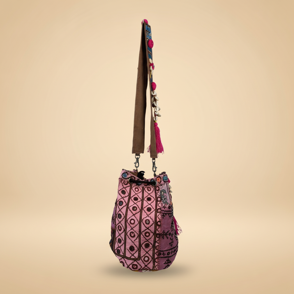 Shell Tassel Handcrafted Bucket Bag — Scarlet Bloom (Medium)