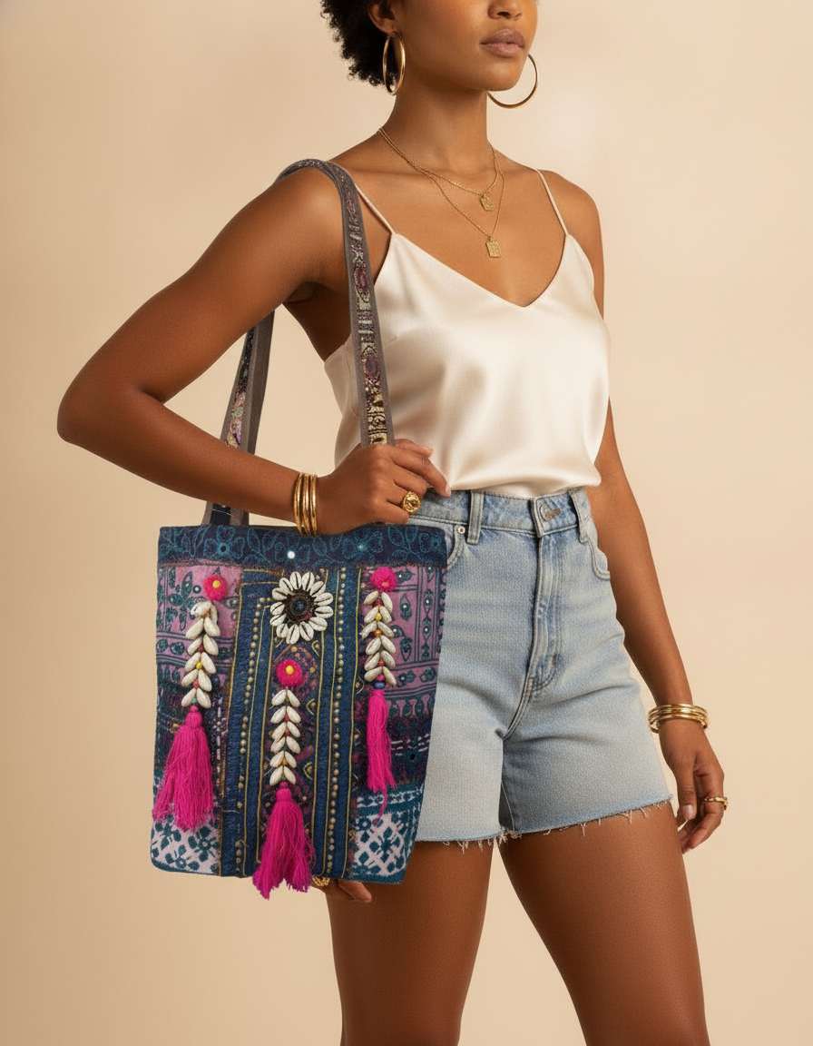 Shell Tassel Handcrafted Tote Bag — Sapphire Mosaic