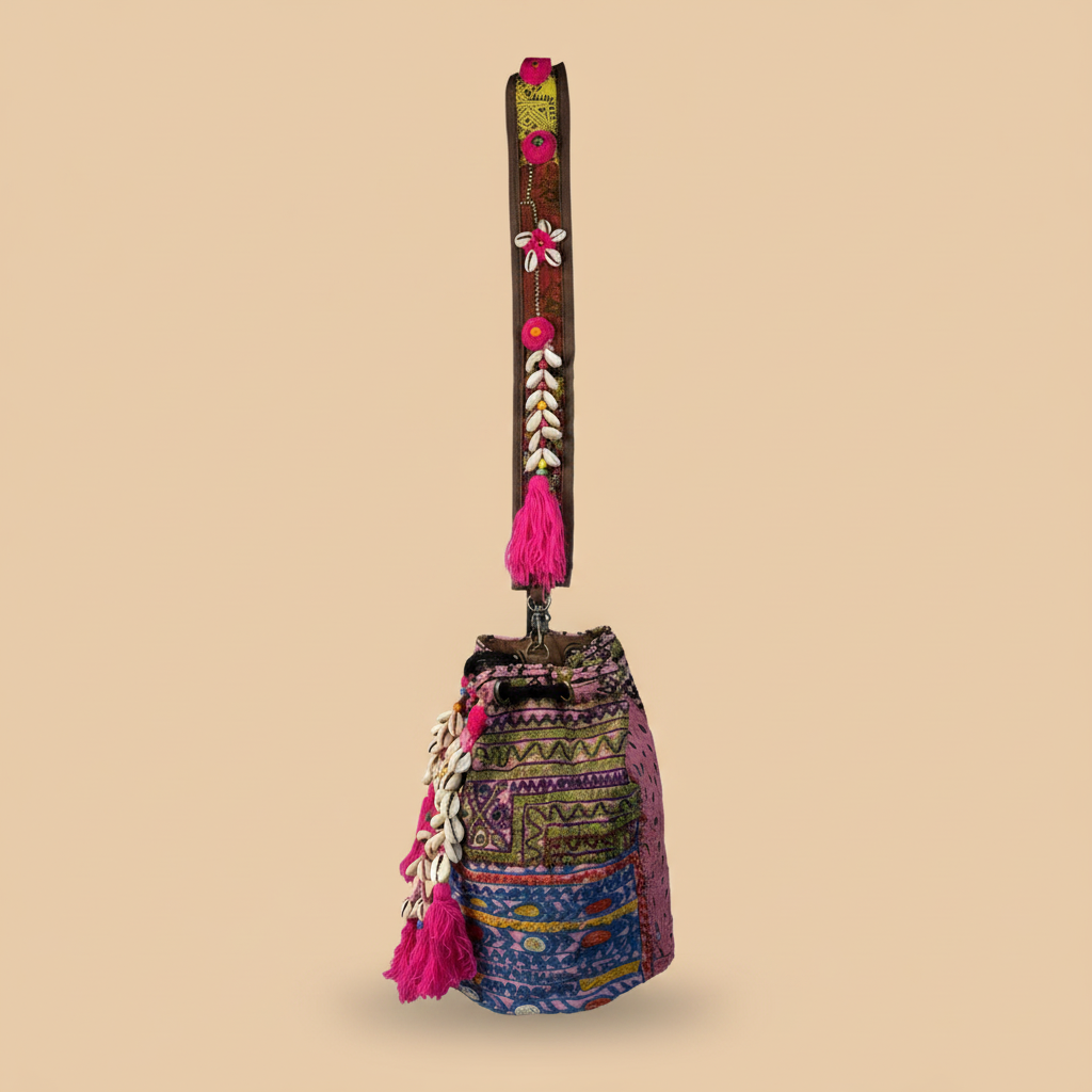 Shell Tassel Handcrafted Bucket Bag — Heather Bloom (Medium)