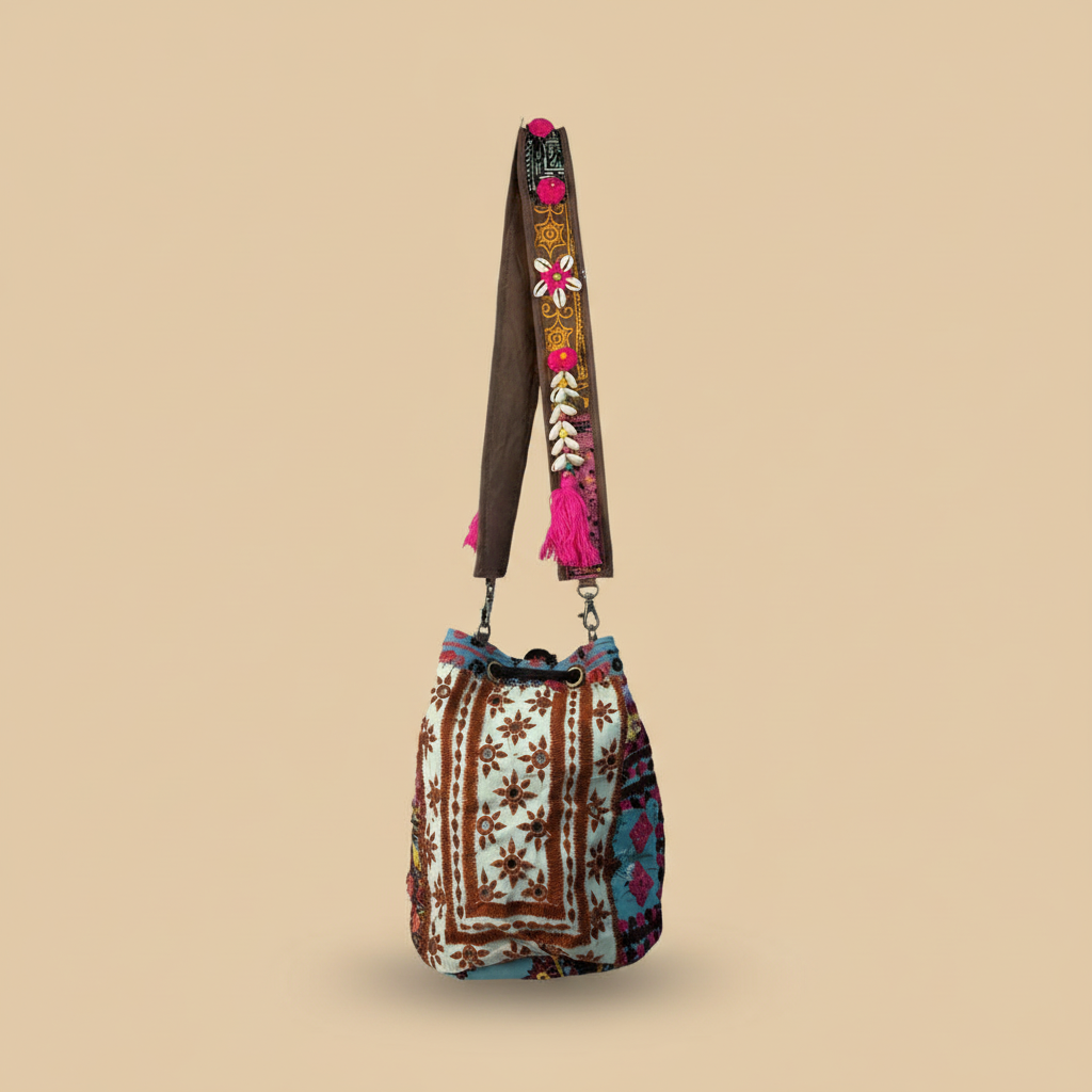 Shell Tassel Handcrafted Bucket Bag — Mauve Aura (Medium)