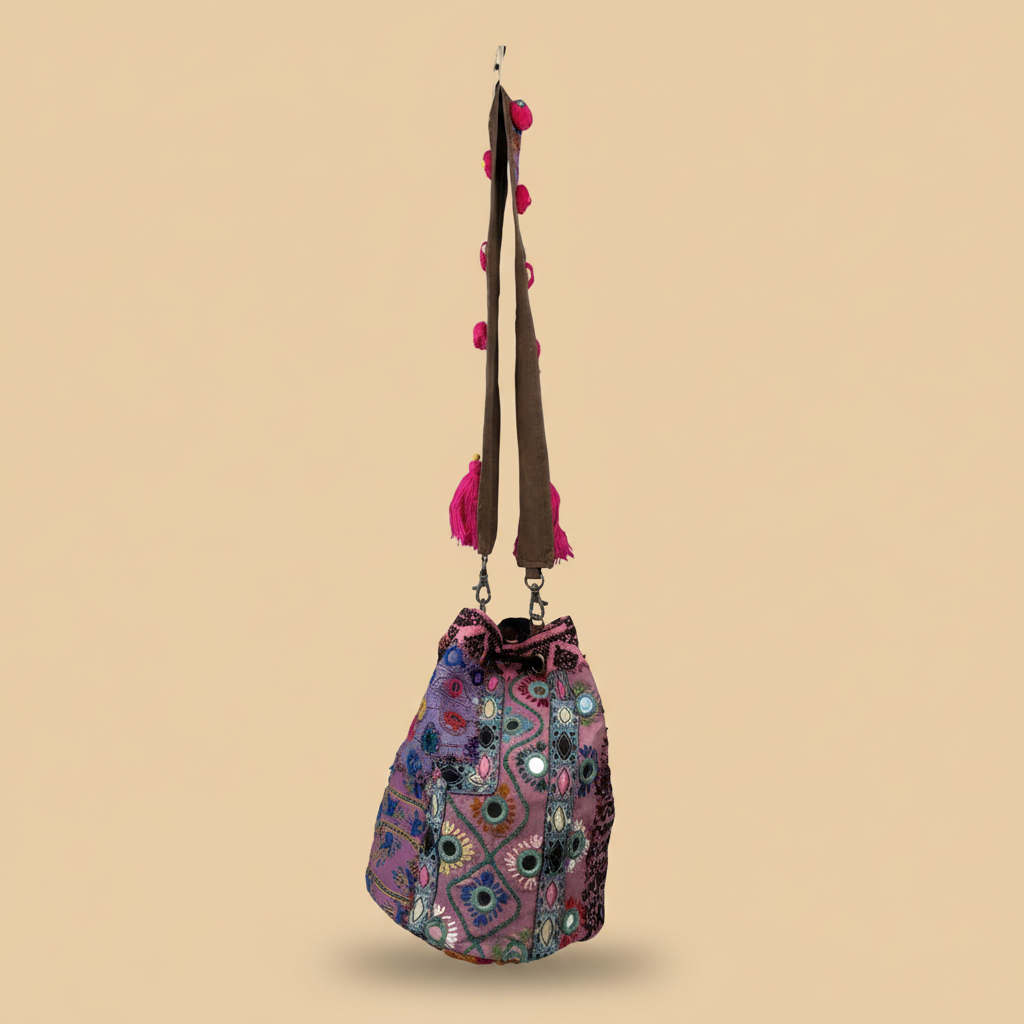 Shell Tassel Handcrafted Bucket Bag — Wine Dahlia (Medium)