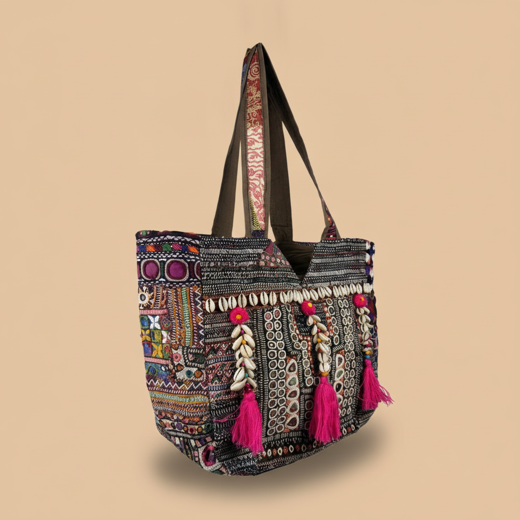 Shell Tassel Handcrafted Tote Bag — Charcoal Tapestry