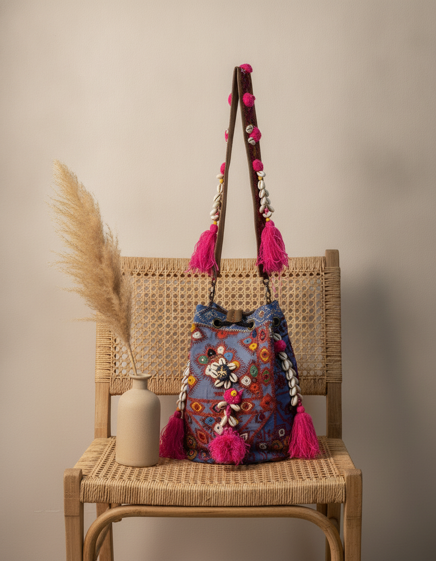 Shell Tassel Handcrafted Bucket Bag — Cornflower Bloom (Medium)