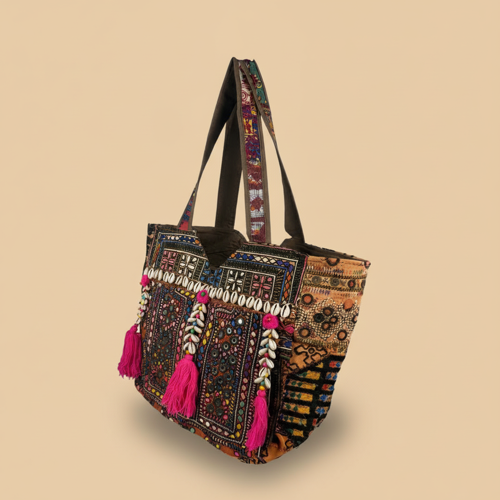 Shell Tassel Handcrafted Tote Bag — Espresso Mosaic