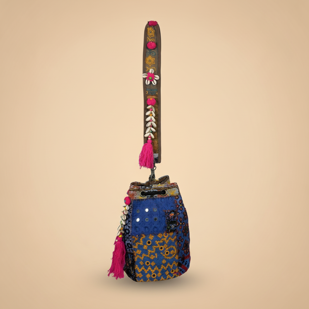 Shell Tassel Handcrafted Bucket Bag — Cobalt Aura (Medium)