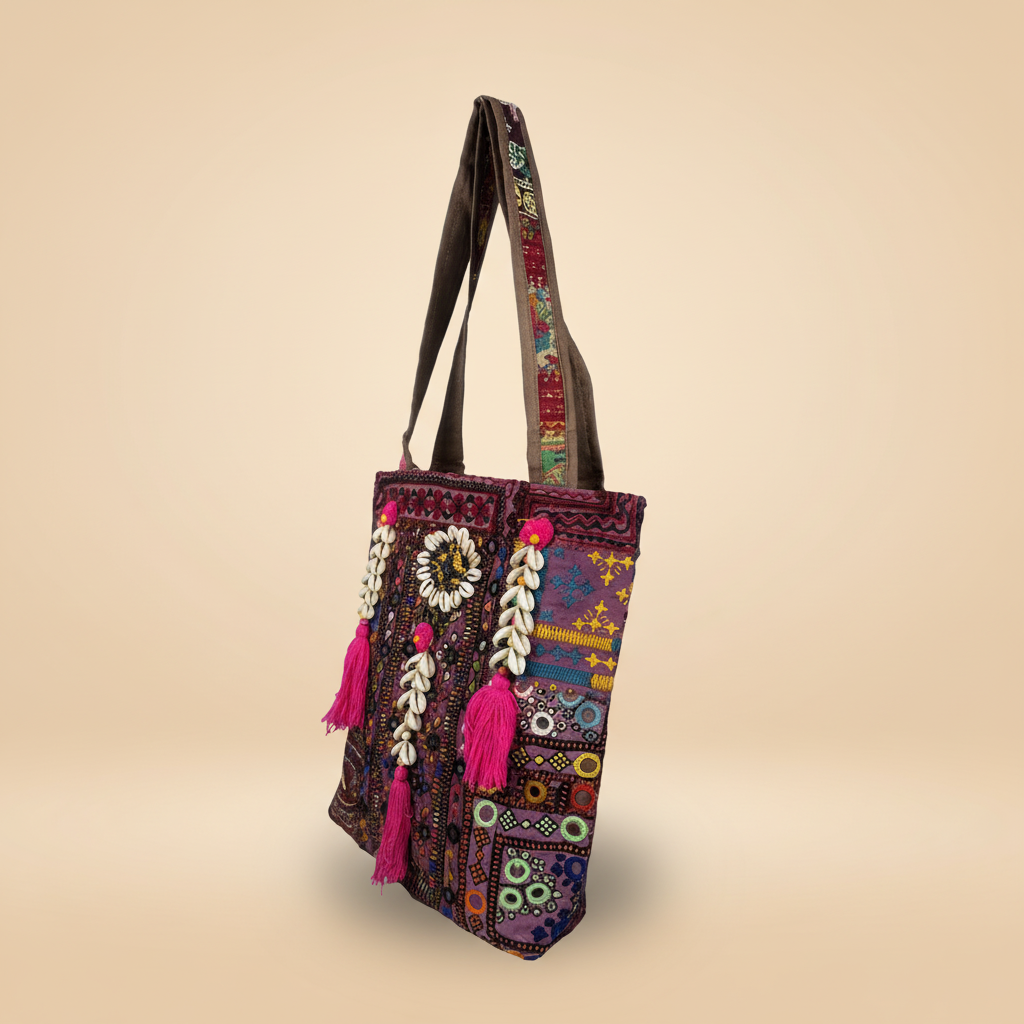 Shell Tassel Handcrafted Tote Bag — Merlot Fringe