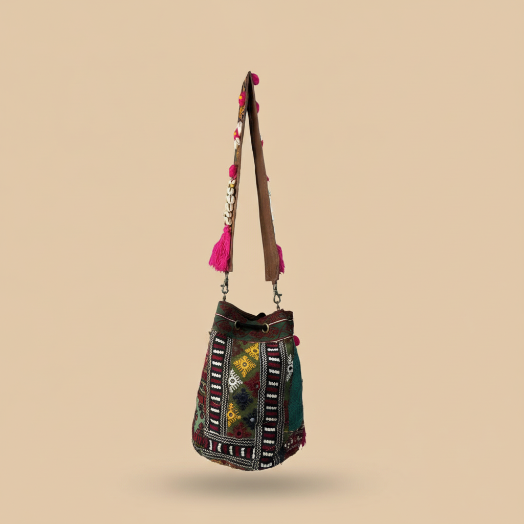 Shell Tassel Handcrafted Bucket Bag — Hazel Bloom (Medium)