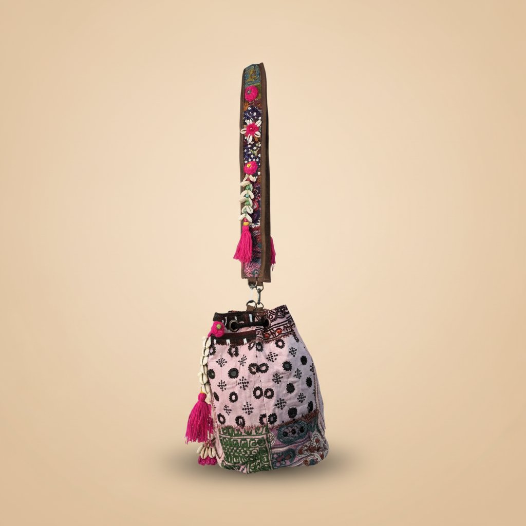 Shell Tassel Handcrafted Bucket Bag — Blush Bloom (Medium)
