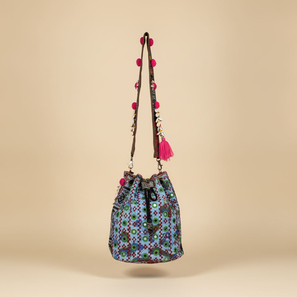Shell Tassel Handcrafted Bucket Bag — Teal Prism (Medium)
