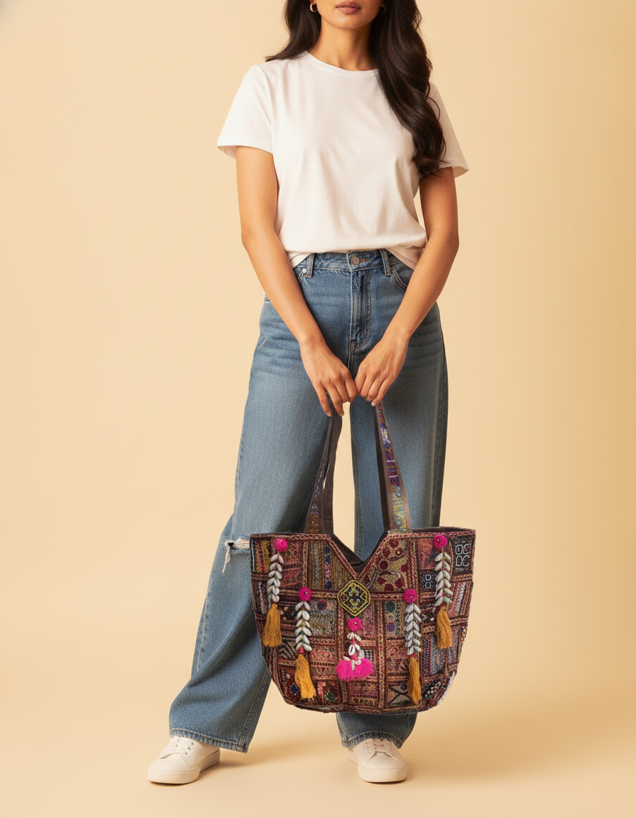 Shell Tassel Handcrafted Oversized Tote Bag — Henna Journey