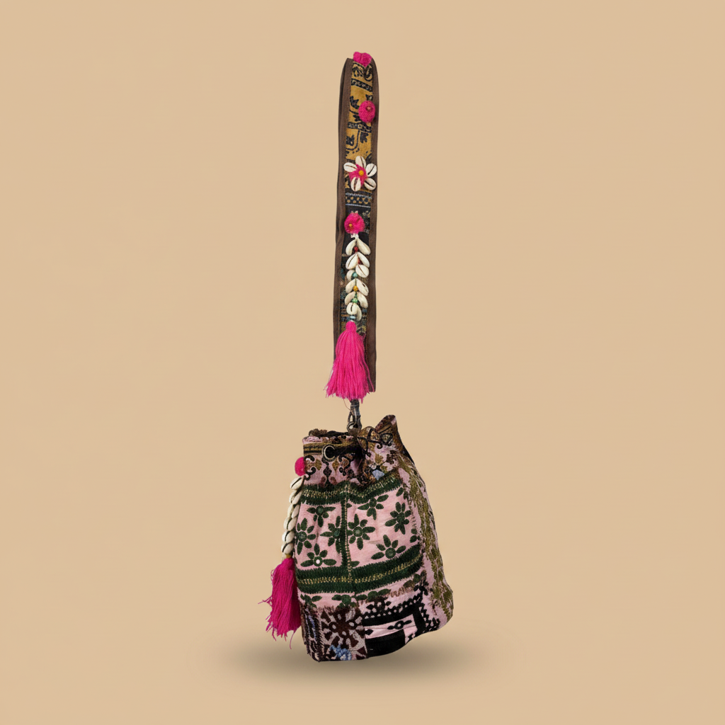 Shell Tassel Handcrafted Bucket Bag — Almond Bloom (Medium)