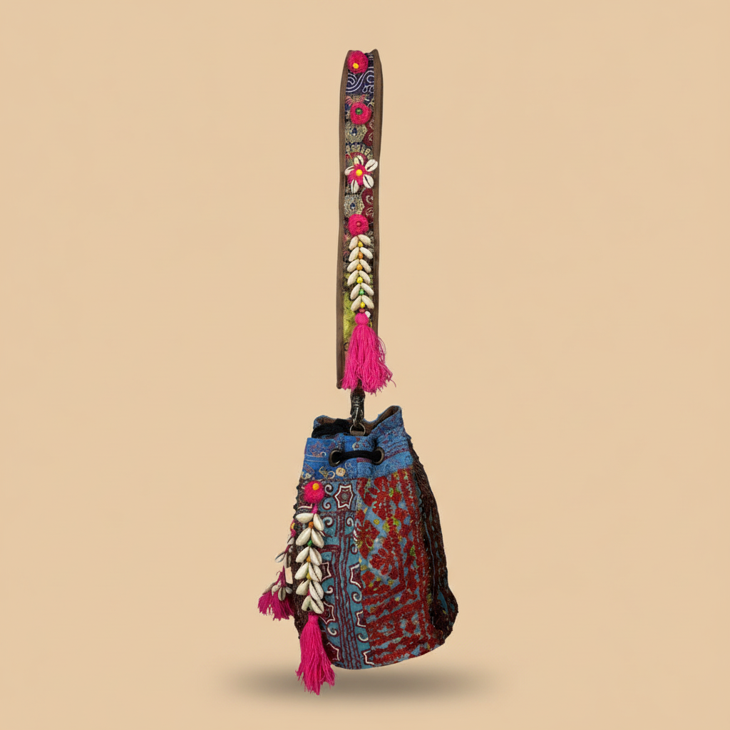 Shell Tassel Handcrafted Bucket Bag — Sapphire Ring (Medium)