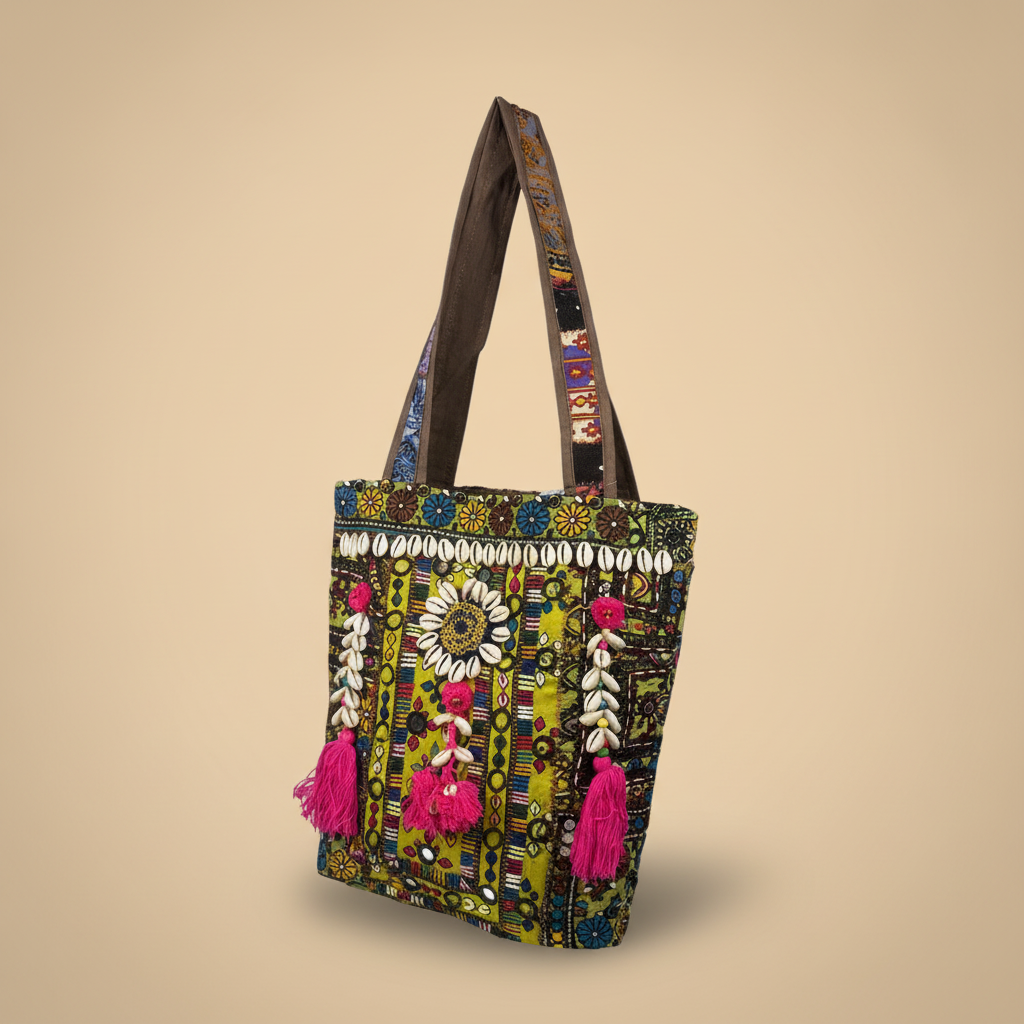 Shell Tassel Handcrafted Tote Bag — Olive Mosaic