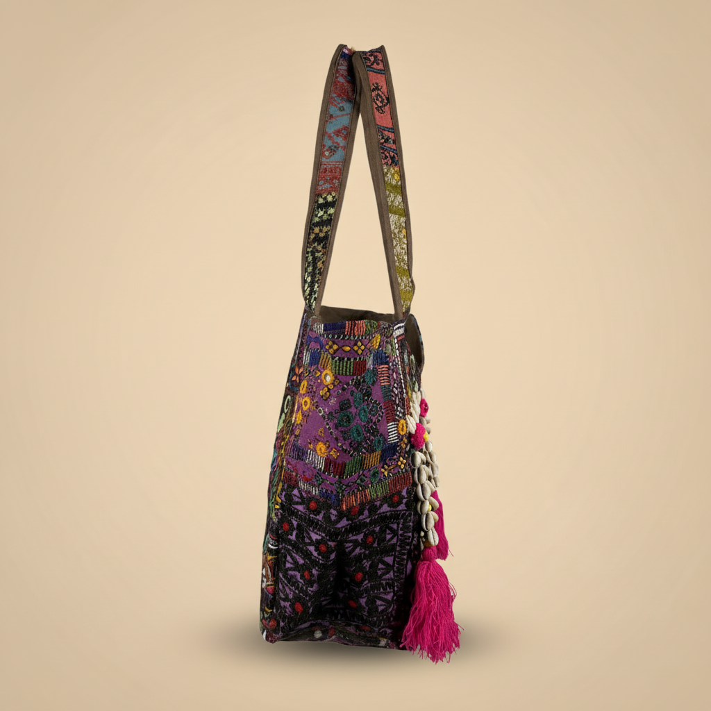 Shell Tassel Handcrafted Tote Bag — Merlot Mosaic