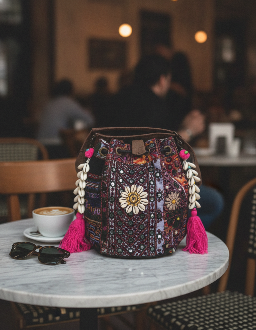 Shell Tassel Handcrafted Bucket Bag — Blackberry Bloom (Medium)
