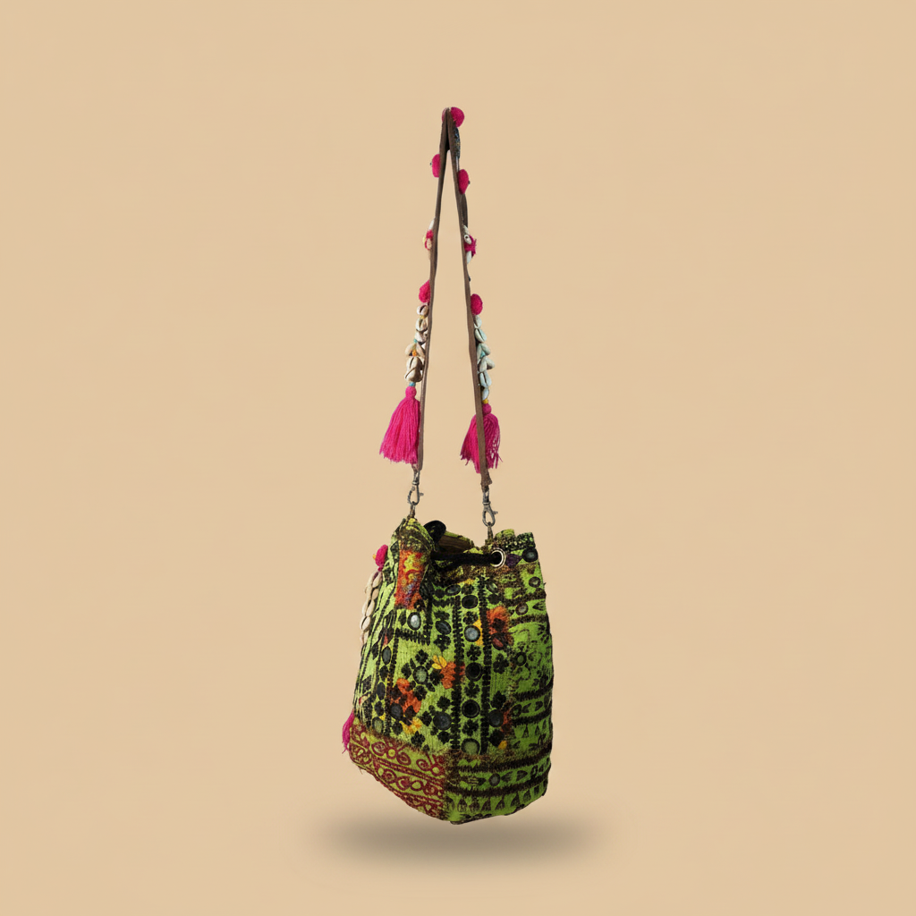 Shell Tassel Handcrafted Bucket Bag — Fern Prism (Medium)